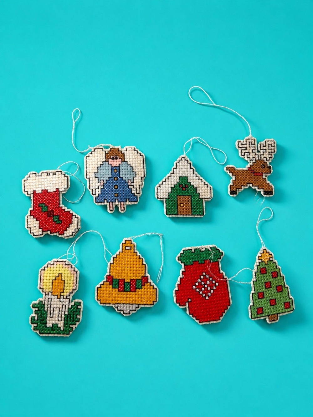 Vintage 1970s Cross Stitch Christmas Ornament Lot of 8